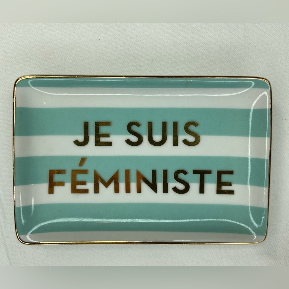Porcelain Trayβ for Trinkets + Jewelry. Small. Je Suis Feministe Stripes 4x2.75β